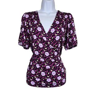 Ann Taylor Womens Puff Sleeve Black Purple Floral Print Faux Wrap Top Size S NWT